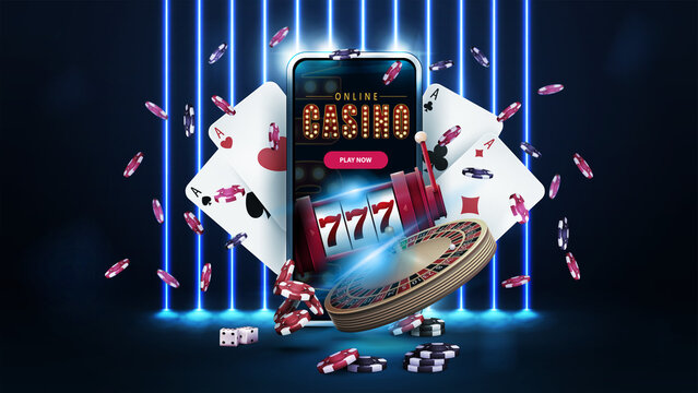 Blue banner with wall of line vertical blue neon lamps on background, smartphone, casino slot machine, Casino Roulette, cards and poker chips in dark scene