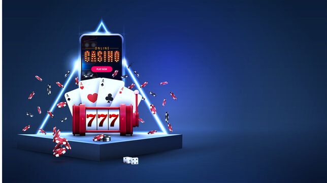 Blue triangular podiums with smartphone, red slot machine, poker chips, playing cards in scene with blue neon triangle border on background