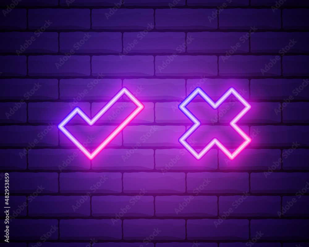 Poster neon check mark and cross on brick wall. pink tick and decline symbol isolated on brick wall. accept