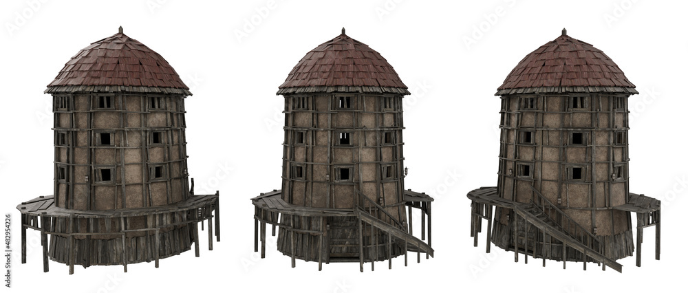 Poster Rounded medieval tower building with wooden frame and steps. 3D rendering from 3 angles.