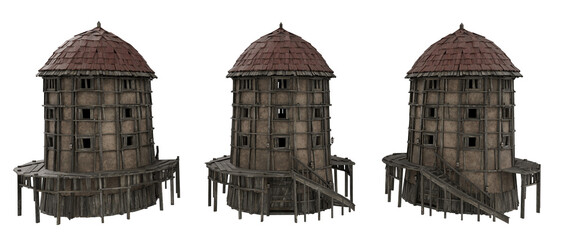 Rounded medieval tower building with wooden frame and steps. 3D rendering from 3 angles.
