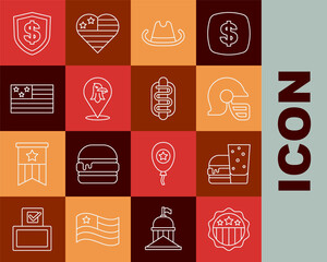 Set line USA Independence day, Burger, American football helmet, Western cowboy hat, Eagle, flag, Shield with dollar and Hotdog sandwich icon. Vector