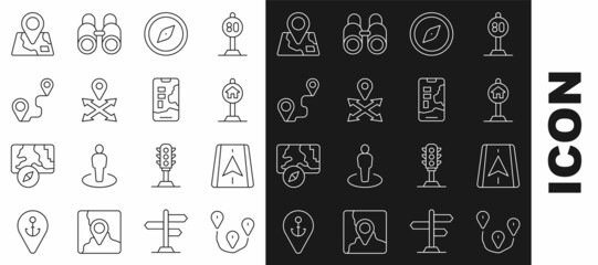 Set line Route location, City map navigation, Hotel sign for traffic, Compass, Location, Folded with marker and icon. Vector