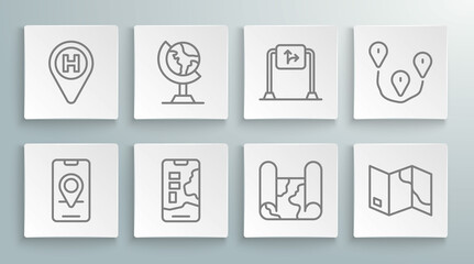 Set line City map navigation, Earth globe, Folded, Road traffic sign, Route location and Helicopter landing pad icon. Vector