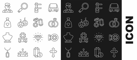 Set line Christian cross, Jewelry store, Wedding rings, Calliper caliper and scale, Earrings, Bag with gems, Jeweler man and Gem stone icon. Vector
