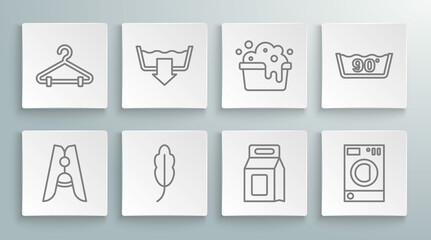 Set line Clothes pin, Washing modes, Feather, Laundry detergent, Washer, Basin with soap suds, Temperature wash and Hanger wardrobe icon. Vector
