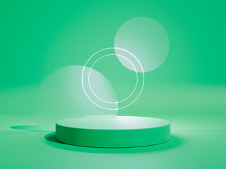 3d render of futuristic neon podium with glass circles and neon light lines. Glassmorphism and metaverse concept 