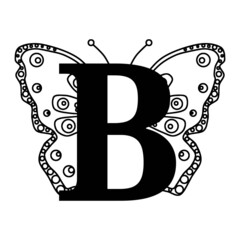 Letter B with butterfly silhouette. Wings butterfly logo template isolated on white background. Calligraphic hand drawn lettering design. Alphabet concept. Monogram vector illustration