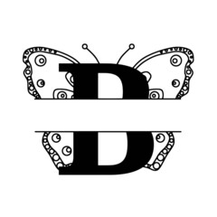 Letter B with butterfly silhouette. Wings butterfly logo template isolated on white background. Calligraphic hand drawn lettering design. Alphabet concept. Monogram vector illustration