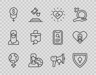 Set line Feminism in the world, Gender shield, Female, Women from different countries, finance, Work for female, Feminist activist and Heart with icon. Vector