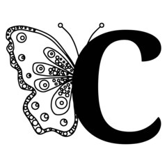 Letter C with butterfly silhouette. Wings butterfly logo template isolated on white background. Calligraphic hand drawn lettering design. Alphabet concept. Monogram vector illustration