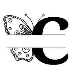 Letter C with butterfly silhouette. Wings butterfly logo template isolated on white background. Calligraphic hand drawn lettering design. Alphabet concept. Monogram vector illustration.