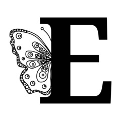 Letter E with butterfly silhouette. Wings butterfly logo template isolated on white background. Calligraphic hand drawn lettering design. Alphabet concept. Monogram vector illustration