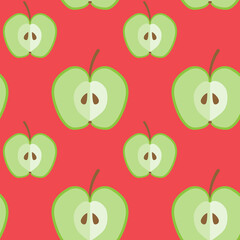 Apple seamless pattern. Green apples cutted on red background. Juisy fresh fruit, healthy natural vegetarian food, health care