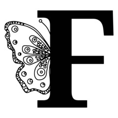Letter F with butterfly silhouette. Wings butterfly logo template isolated on white background. Calligraphic hand drawn lettering design. Alphabet concept. Monogram vector illustration
