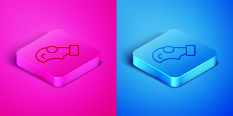 Isometric line Gas mask icon isolated on pink and blue background. Respirator sign. Square button. Vector
