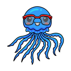 Cute blue little jellyfish cartoon with glasses