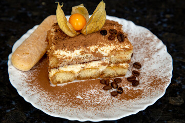 Delicious Tiramisu dessert, made with mascarpone cheese, champagne cookie and coffee