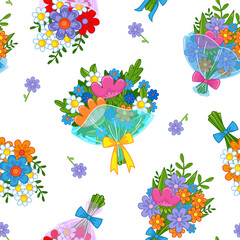 Fototapeta na wymiar Seamless pattern with cute bouquets of flowers on a white background. Spring children's decor. Vector illustration in minimalistic flat style, hand drawn. Print for spring textiles for babies.