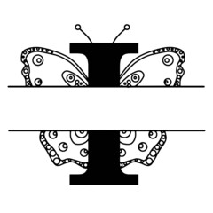 Letter I with butterfly silhouette. Wings butterfly logo template isolated on white background. Calligraphic hand drawn lettering design. Alphabet concept. Monogram vector illustration
