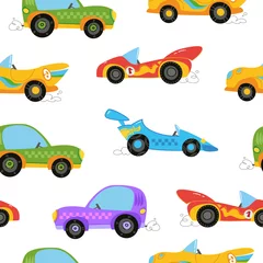 Fototapete Autorennen Nahtloses Muster mit bunten Autos der niedlichen Kinder. Zeichnen für Kindertextilien mit Autos und Verkehrsmitteln, für Jungen. Vektorillustration in einem minimalistischen flachen Stil.