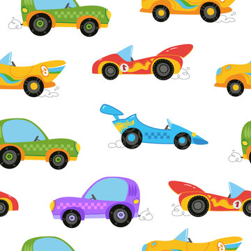 Seamless pattern with cute children's colorful cars. Drawing for children's textiles with cars and transport, for boys. Vector illustration in a minimalistic flat style.