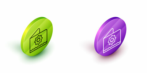 Isometric line Islamic octagonal star ornament icon isolated on white background. Green and purple circle buttons. Vector
