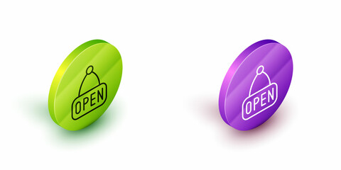 Isometric line Hanging sign with text Open door icon isolated on white background. Green and purple circle buttons. Vector