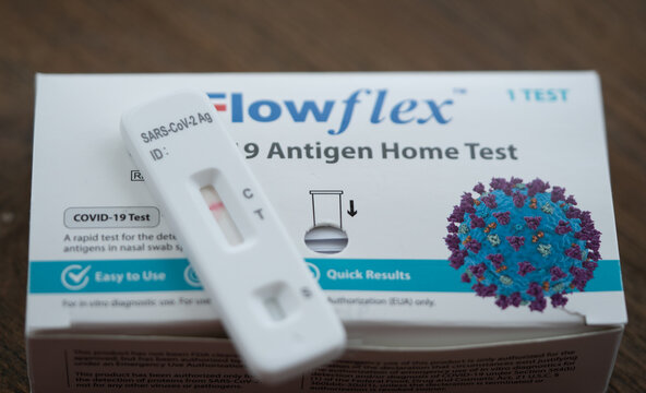 Washington, DC, USA - January, 25, 2022: COVID-19 Antigen home test and result, close up view