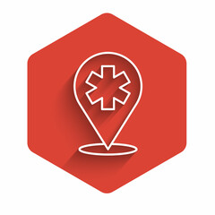 Fototapeta premium White line Medical map pointer with cross hospital icon isolated with long shadow background. Red hexagon button. Vector