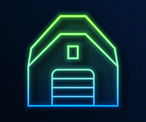 Glowing neon line Garage icon isolated on blue background. Vector