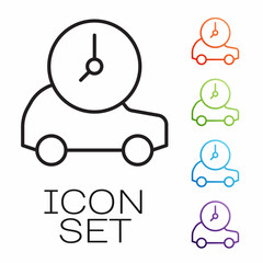 Black line Electric car and electrical cable plug charging icon isolated on white background. Renewable eco technologies. Set icons colorful. Vector