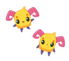 set of Cartoon yellow alien monster in cute style for kids. Cheerful kid waving his hand. Vector colorful illustration of a character with horns. Halloween character drawing isolated.