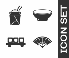 Set Paper chinese or japanese folding fan, Asian noodles in paper box and chopsticks, Sushi on cutting board and Bowl of hot soup icon. Vector