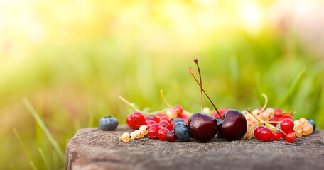 ripe summer berries on a wooden surface
