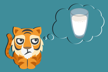 tiger and thought bubble with glass of milk on blue background,alternative lifestyle concept,vector illustration