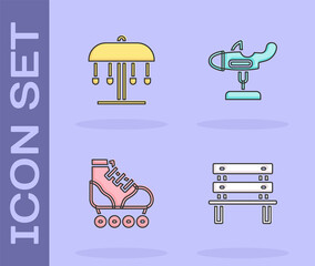 Set Bench, Attraction carousel, Roller skate and Swing plane icon. Vector