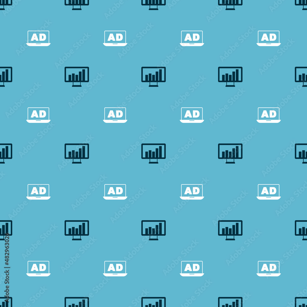 Poster set monitor with graph chart and advertising on seamless pattern. vector
