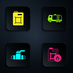 Obraz premium Set Canister for motor oil, , Metallic pipes and valve and Tanker truck. Black square button. Vector