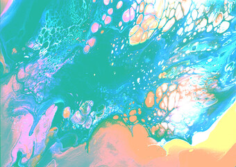 Fototapeta na wymiar Crazy psychedelic neon colors textured banner with Fluid Art splashes and flashes effect. Perfect for business card, posters, postcards, holiday invitations. Contemporary Liquid Art. 