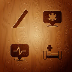 Set Hospital bed, Surgery scalpel, Heart rate and Location hospital on wooden background. Vector