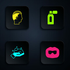 Set Mustache and beard, Hairstyle for men, Shaving foam on hand and Aftershave with atomizer. Black square button. Vector