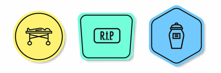 Set line Dead body in the morgue, Speech bubble rip death and Funeral urn. Colored shapes. Vector