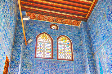 Vintage stained glass windows in Aqsunqur (Blue) Mosque, Cairo, Egypt