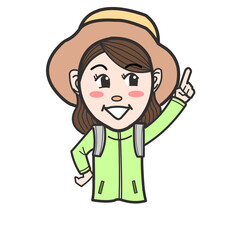 登山女子、キャンプ女子、指差す