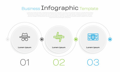 Set line Incognito mode, Barbed wire and Shield with brick wall. Business infographic template. Vector