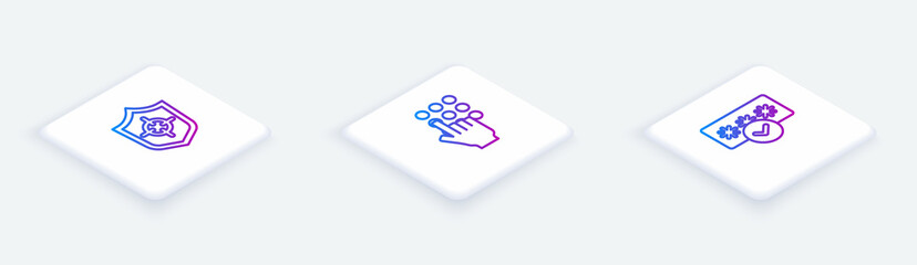 Set Isometric line Shield, Password protection and . White square button. Vector