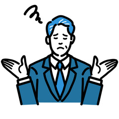 両手を上げて困っているスーツを着た中年男性
