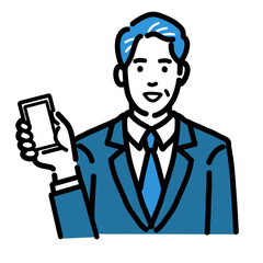 スマートフォンを持っているスーツを着た中年男性
