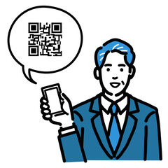 スマートフォンを持ってQRコードの説明をしているスーツを着た中年男性

